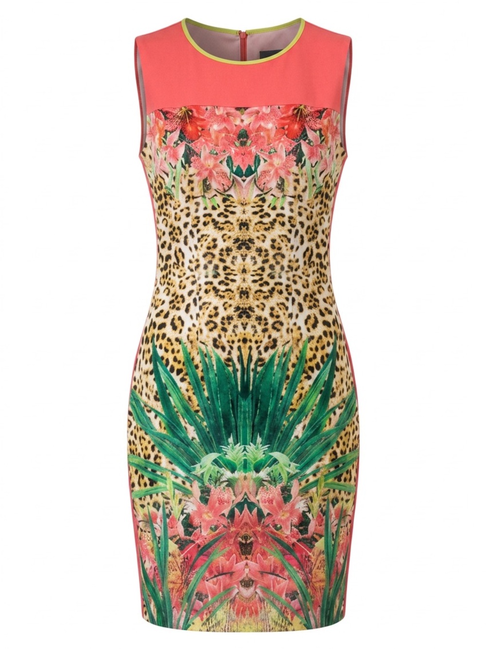 Elie Tahari Coral and Green Floral Leopard-Print Sheath Dress